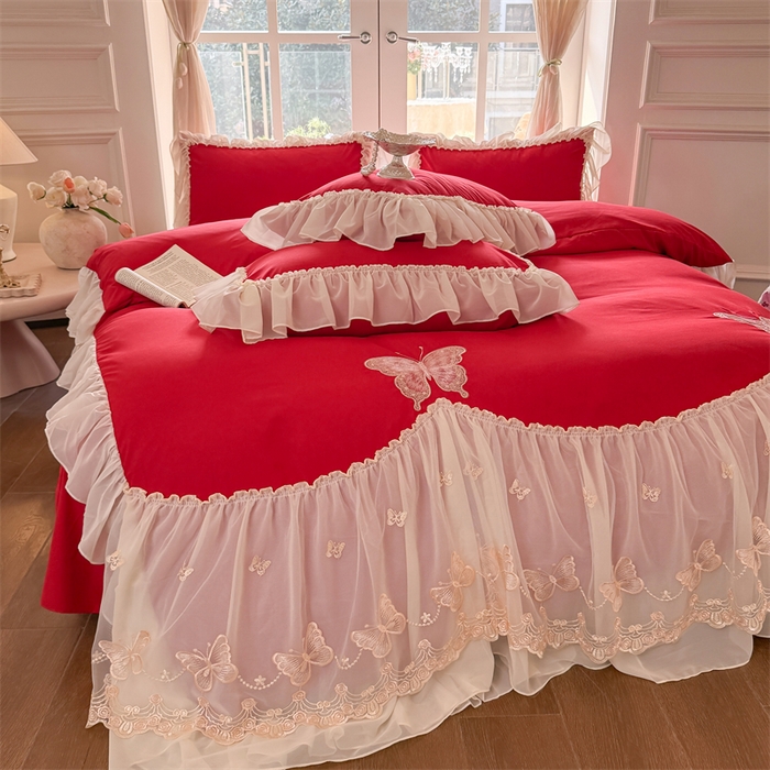 91家纺网 家纺一手货源 找家纺 富盛家纺 2026新款水洗亲肤棉雪纺蕾丝刺绣公主风韩版四件套-迷迭香 迷迭香—大红