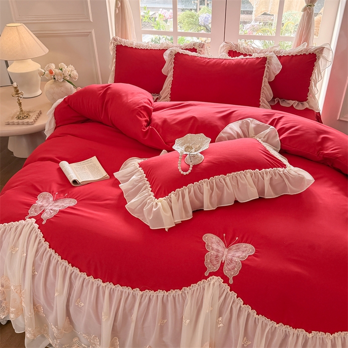 91家纺网 家纺一手货源 找家纺 富盛家纺 2026新款水洗亲肤棉雪纺蕾丝刺绣公主风韩版四件套-迷迭香 迷迭香—大红