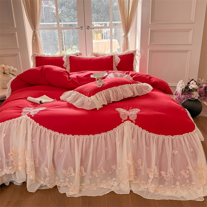 91家纺网 家纺一手货源 找家纺 富盛家纺 2026新款水洗亲肤棉雪纺蕾丝刺绣公主风韩版四件套-迷迭香 迷迭香—大红