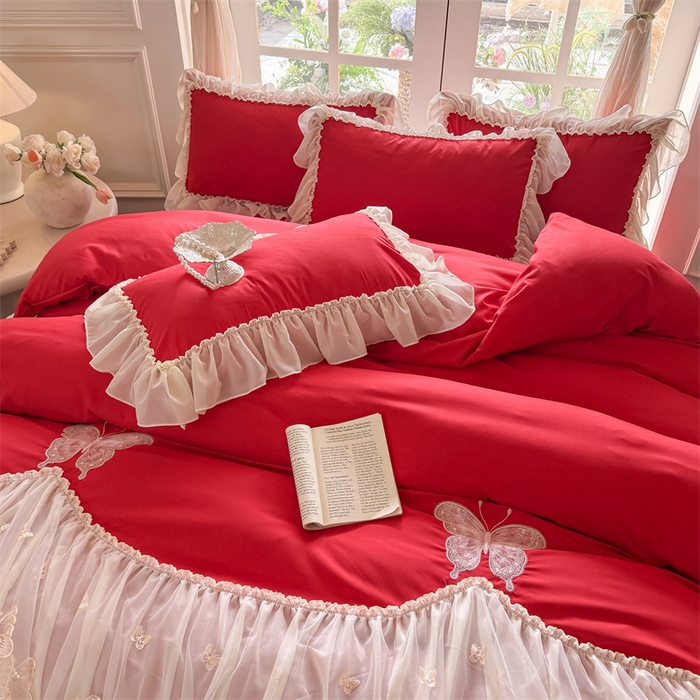 91家纺网 家纺一手货源 找家纺 富盛家纺 2026新款水洗亲肤棉雪纺蕾丝刺绣公主风韩版四件套-迷迭香 迷迭香—大红