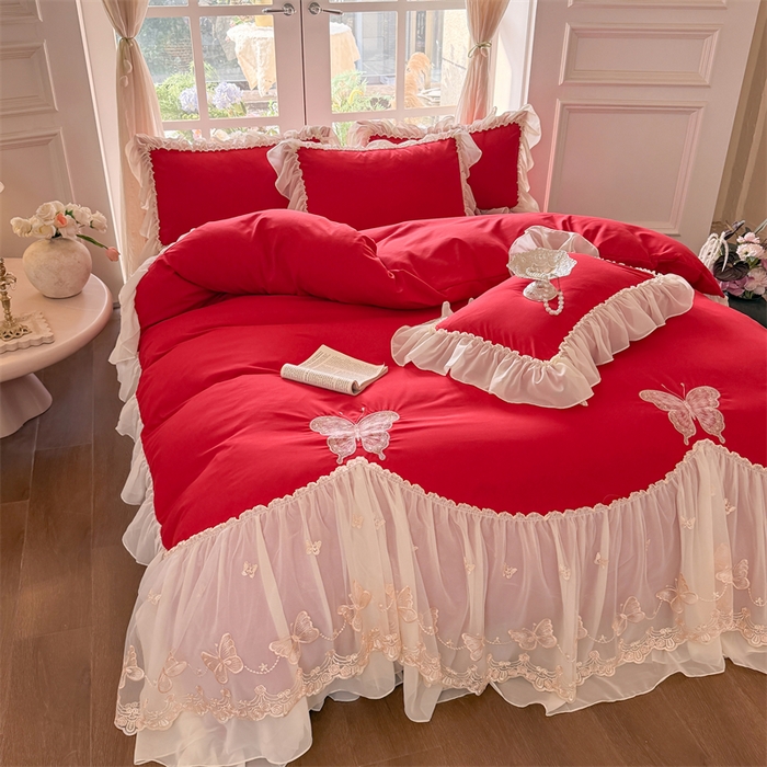 91家纺网 家纺一手货源 找家纺 富盛家纺 2026新款水洗亲肤棉雪纺蕾丝刺绣公主风韩版四件套-迷迭香 迷迭香—大红