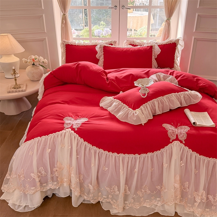 91家纺网 家纺一手货源 找家纺 富盛家纺 2026新款水洗亲肤棉雪纺蕾丝刺绣公主风韩版四件套-迷迭香 迷迭香—大红