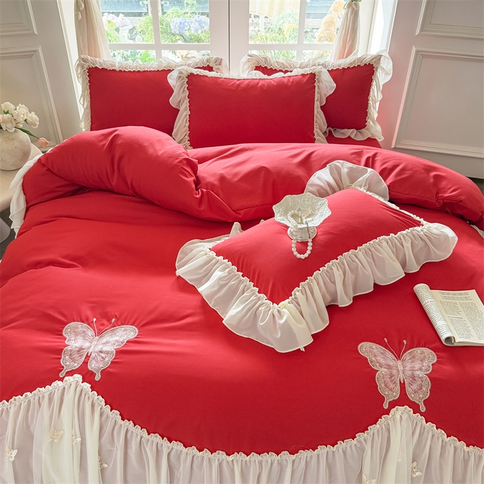 91家纺网 家纺一手货源 找家纺 富盛家纺 2026新款水洗亲肤棉雪纺蕾丝刺绣公主风韩版四件套-迷迭香 迷迭香—大红