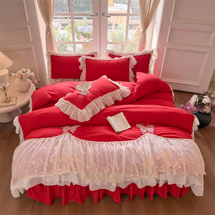 91家纺网 家纺一手货源 找家纺 富盛家纺 2026新款水洗亲肤棉雪纺蕾丝刺绣公主风韩版四件套-迷迭香 迷迭香—大红