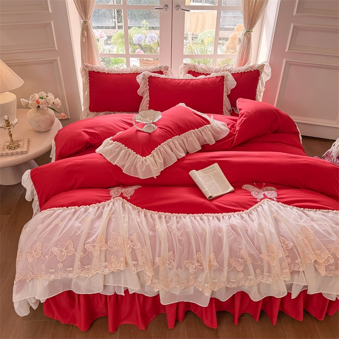 91家纺网 家纺一手货源 找家纺 富盛家纺 2026新款水洗亲肤棉雪纺蕾丝刺绣公主风韩版四件套-迷迭香 迷迭香—大红