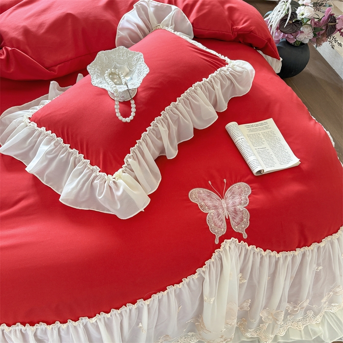 91家纺网 家纺一手货源 找家纺 富盛家纺 2026新款水洗亲肤棉雪纺蕾丝刺绣公主风韩版四件套-迷迭香 迷迭香—大红