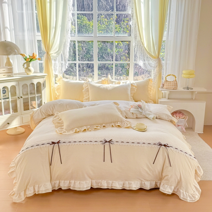 91家纺网 家纺一手货源 找家纺 赛丽雅 2026年新款双层花边拼接蝴蝶结工艺款四件套床上用品