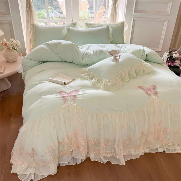 91家纺网 家纺一手货源 找家纺 富盛家纺 2026新款水洗亲肤棉雪纺蕾丝刺绣公主风韩版四件套-迷迭香 迷迭香—绿