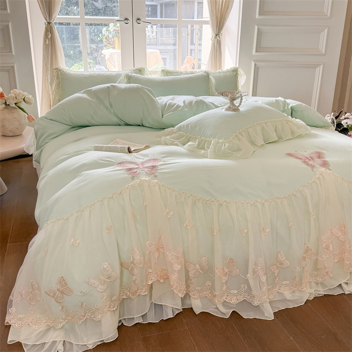 91家纺网 家纺一手货源 找家纺 富盛家纺 2026新款水洗亲肤棉雪纺蕾丝刺绣公主风韩版四件套-迷迭香 迷迭香—绿