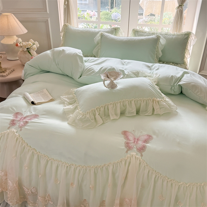 91家纺网 家纺一手货源 找家纺 富盛家纺 2026新款水洗亲肤棉雪纺蕾丝刺绣公主风韩版四件套-迷迭香 迷迭香—绿