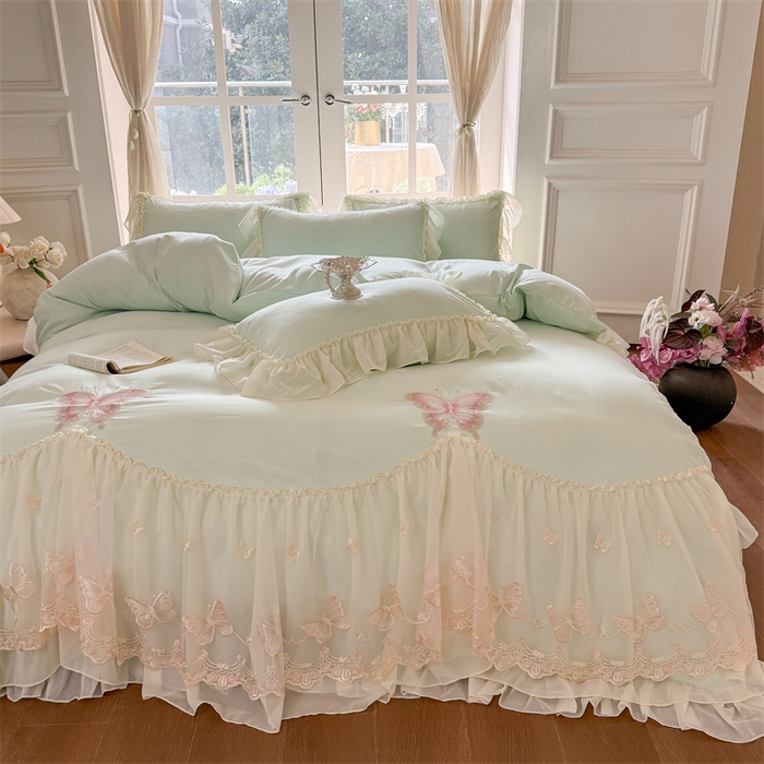 91家纺网 家纺一手货源 找家纺 富盛家纺 2026新款水洗亲肤棉雪纺蕾丝刺绣公主风韩版四件套-迷迭香 迷迭香—绿