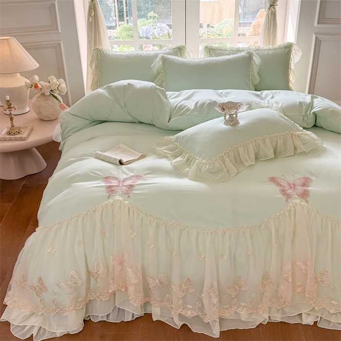 91家纺网 家纺一手货源 找家纺 富盛家纺 2026新款水洗亲肤棉雪纺蕾丝刺绣公主风韩版四件套-迷迭香 迷迭香—绿