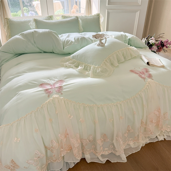 91家纺网 家纺一手货源 找家纺 富盛家纺 2026新款水洗亲肤棉雪纺蕾丝刺绣公主风韩版四件套-迷迭香 迷迭香—绿