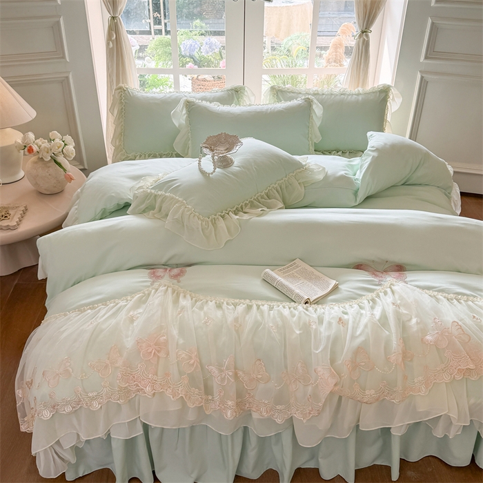 91家纺网 家纺一手货源 找家纺 富盛家纺 2026新款水洗亲肤棉雪纺蕾丝刺绣公主风韩版四件套-迷迭香 迷迭香—绿