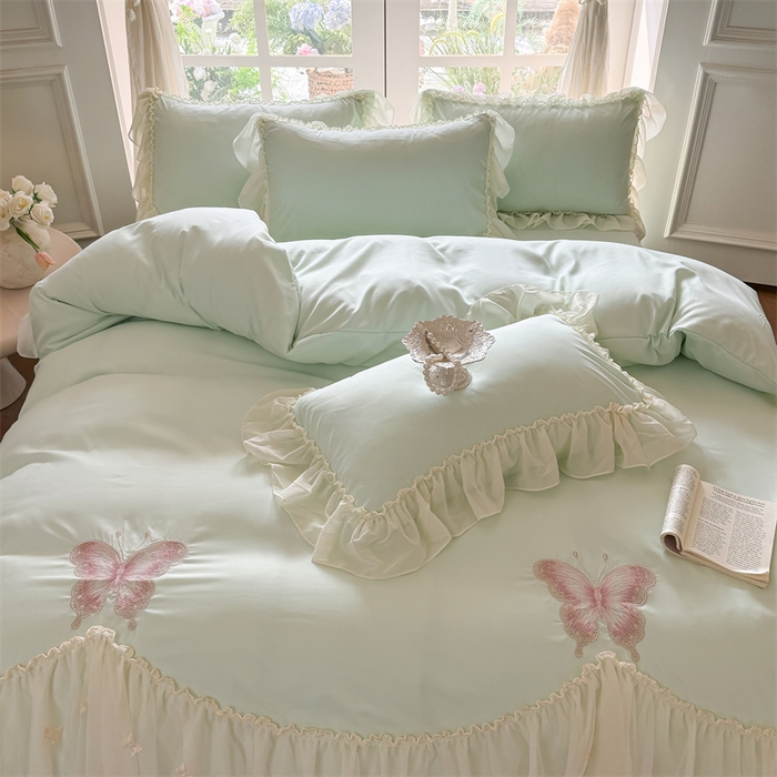 91家纺网 家纺一手货源 找家纺 富盛家纺 2026新款水洗亲肤棉雪纺蕾丝刺绣公主风韩版四件套-迷迭香 迷迭香—绿