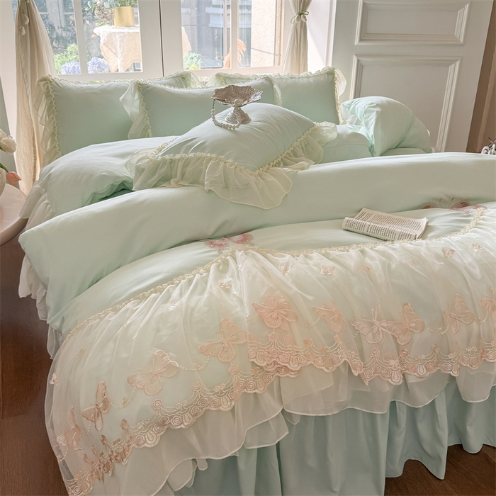 91家纺网 家纺一手货源 找家纺 富盛家纺 2026新款水洗亲肤棉雪纺蕾丝刺绣公主风韩版四件套-迷迭香 迷迭香—绿