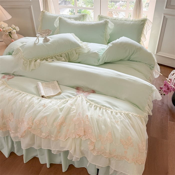 91家纺网 家纺一手货源 找家纺 富盛家纺 2026新款水洗亲肤棉雪纺蕾丝刺绣公主风韩版四件套-迷迭香 迷迭香—绿