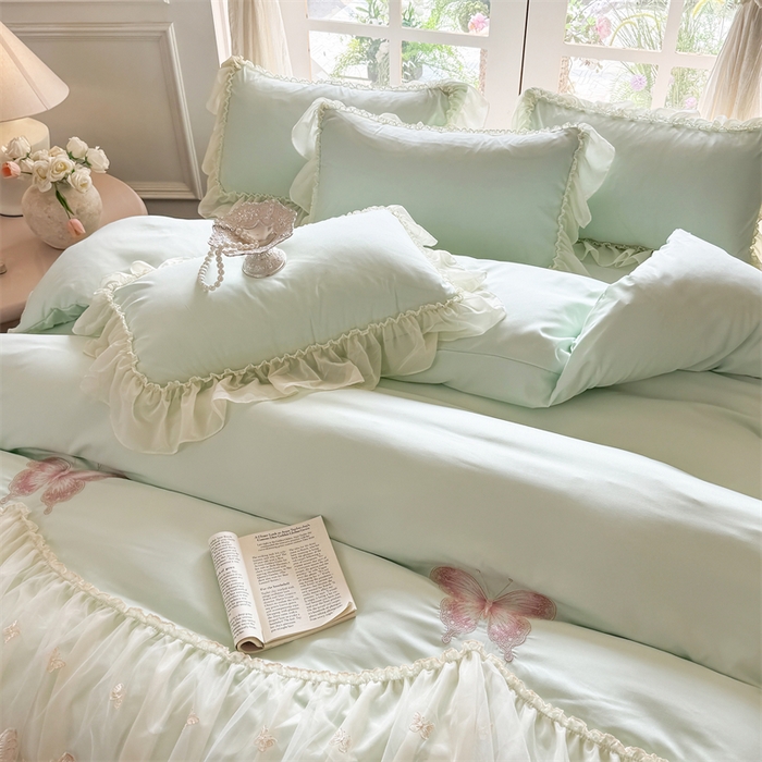 91家纺网 家纺一手货源 找家纺 富盛家纺 2026新款水洗亲肤棉雪纺蕾丝刺绣公主风韩版四件套-迷迭香 迷迭香—绿