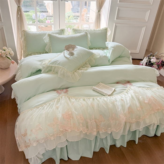 91家纺网 家纺一手货源 找家纺 富盛家纺 2026新款水洗亲肤棉雪纺蕾丝刺绣公主风韩版四件套-迷迭香 迷迭香—绿