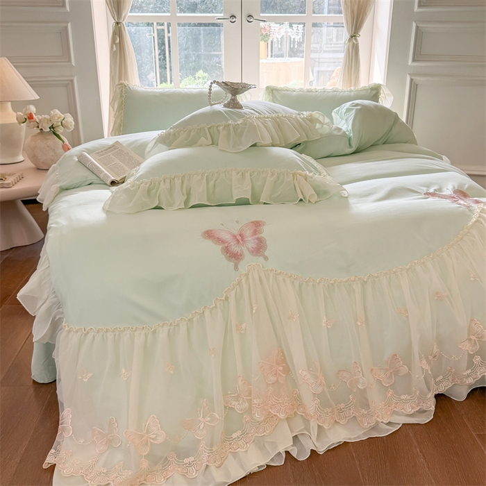 91家纺网 家纺一手货源 找家纺 富盛家纺 2026新款水洗亲肤棉雪纺蕾丝刺绣公主风韩版四件套-迷迭香 迷迭香—绿