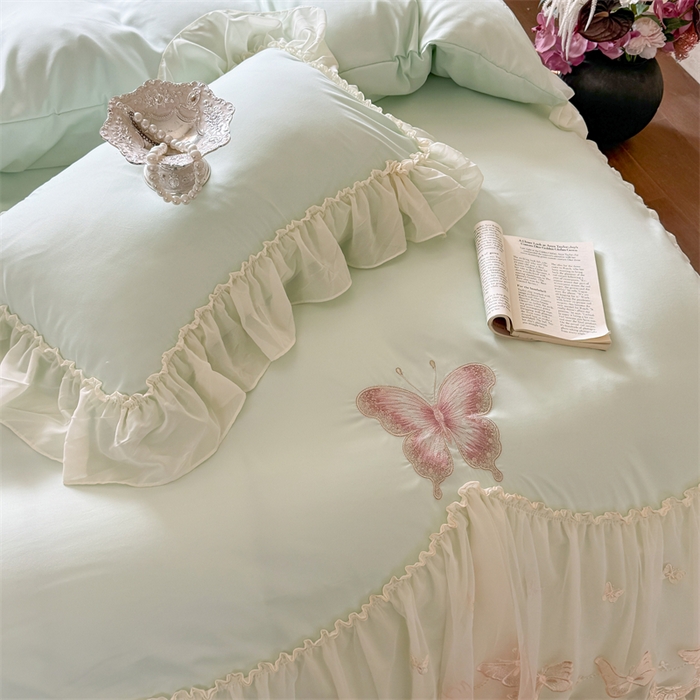 91家纺网 家纺一手货源 找家纺 富盛家纺 2026新款水洗亲肤棉雪纺蕾丝刺绣公主风韩版四件套-迷迭香 迷迭香—绿