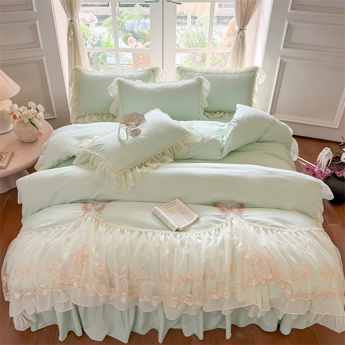 91家纺网 家纺一手货源 找家纺 富盛家纺 2026新款水洗亲肤棉雪纺蕾丝刺绣公主风韩版四件套-迷迭香 迷迭香—绿