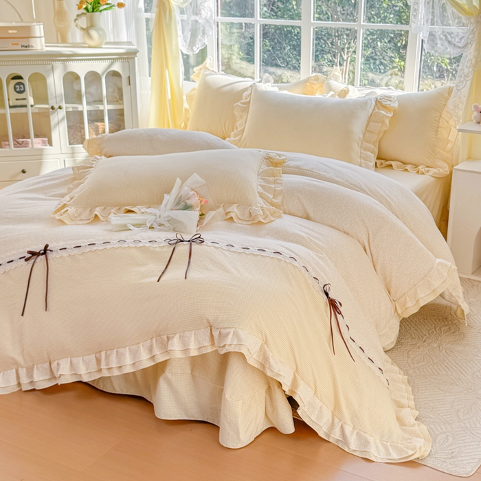 91家纺网 家纺一手货源 找家纺 赛丽雅 2026年新款双层花边拼接蝴蝶结工艺款四件套床上用品