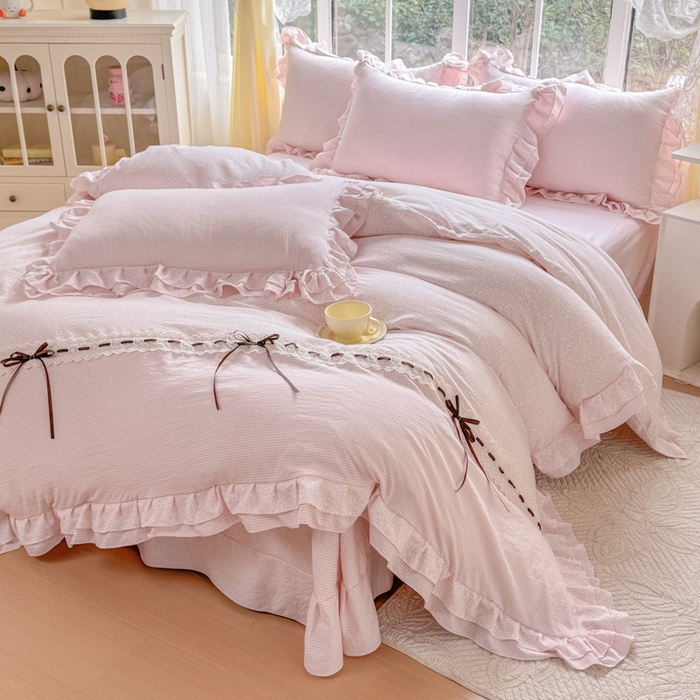 91家纺网 家纺一手货源 找家纺 赛丽雅 2026年新款双层花边拼接蝴蝶结工艺款四件套床上用品