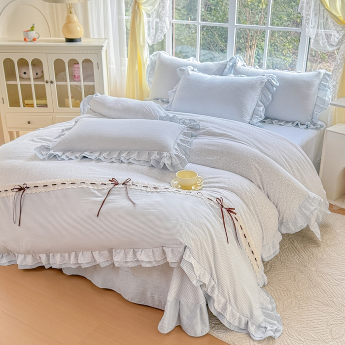 91家纺网 家纺一手货源 找家纺 赛丽雅 2026年新款双层花边拼接蝴蝶结工艺款四件套床上用品