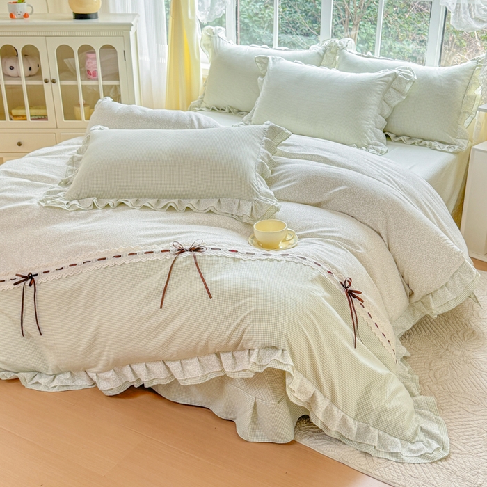 91家纺网 家纺一手货源 找家纺 赛丽雅 2026年新款双层花边拼接蝴蝶结工艺款四件套床上用品