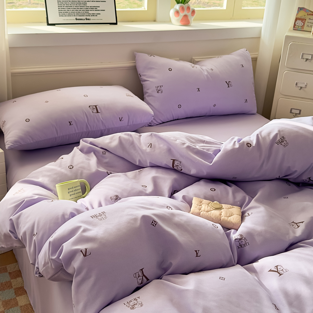 91家纺网 家纺一手货源 找家纺 洁柔供应链 2026新款A类古法糯小棉四件套 潮牌紫韵