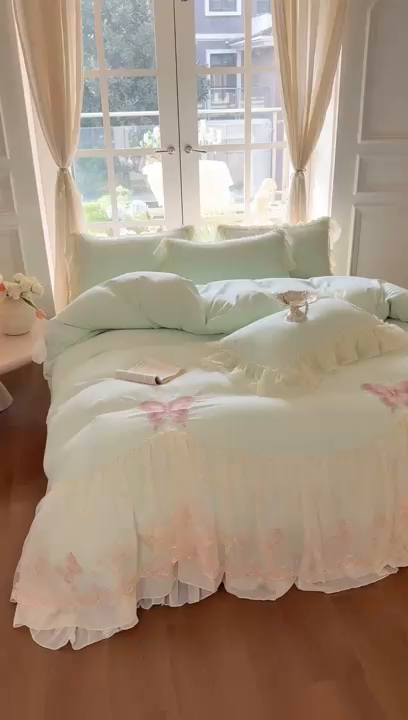 91家纺网 家纺一手货源 找家纺 富盛家纺 2026新款水洗亲肤棉雪纺蕾丝刺绣公主风韩版四件套-迷迭香 迷迭香—绿