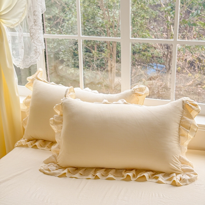 91家纺网 家纺一手货源 找家纺 赛丽雅 2026年新款直播爆款双层花边拼接蝴蝶结工艺款四件套床上用品 南法假日-姜黄