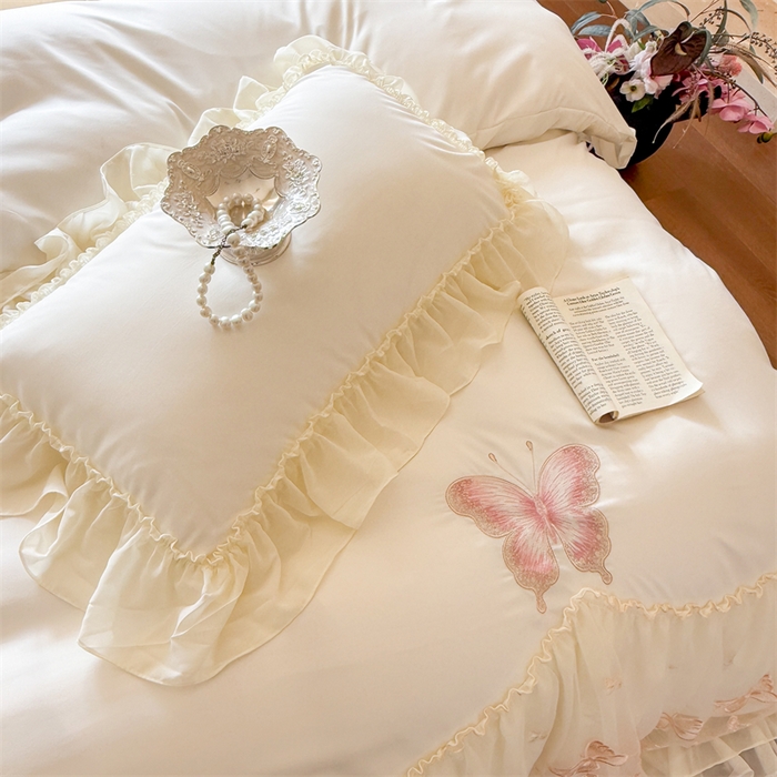 91家纺网 家纺一手货源 找家纺 富盛家纺 2026新款水洗亲肤棉雪纺蕾丝刺绣公主风韩版四件套-迷迭香 迷迭香—白