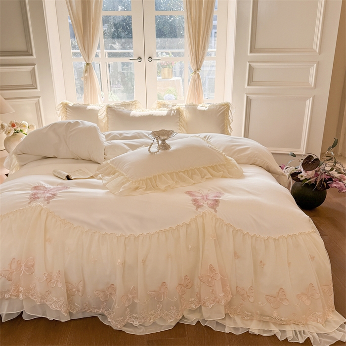 91家纺网 家纺一手货源 找家纺 富盛家纺 2026新款水洗亲肤棉雪纺蕾丝刺绣公主风韩版四件套-迷迭香 迷迭香—白