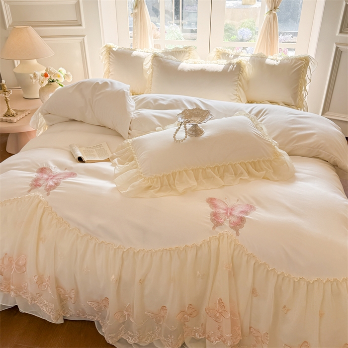 91家纺网 家纺一手货源 找家纺 富盛家纺 2026新款水洗亲肤棉雪纺蕾丝刺绣公主风韩版四件套-迷迭香 迷迭香—白