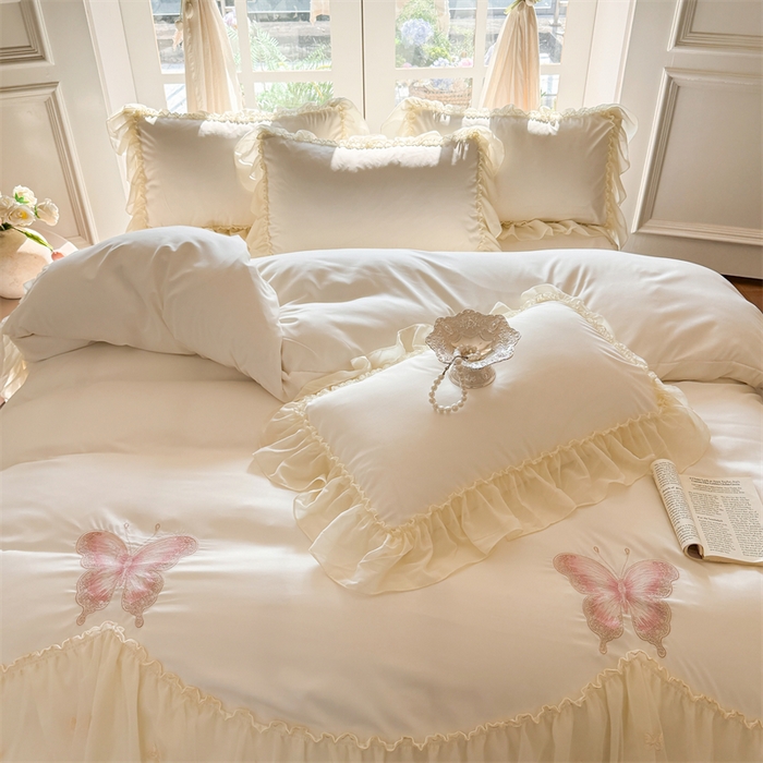 91家纺网 家纺一手货源 找家纺 富盛家纺 2026新款水洗亲肤棉雪纺蕾丝刺绣公主风韩版四件套-迷迭香 迷迭香—白