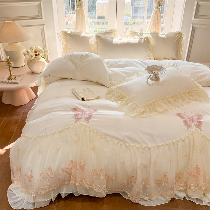 91家纺网 家纺一手货源 找家纺 富盛家纺 2026新款水洗亲肤棉雪纺蕾丝刺绣公主风韩版四件套-迷迭香 迷迭香—白