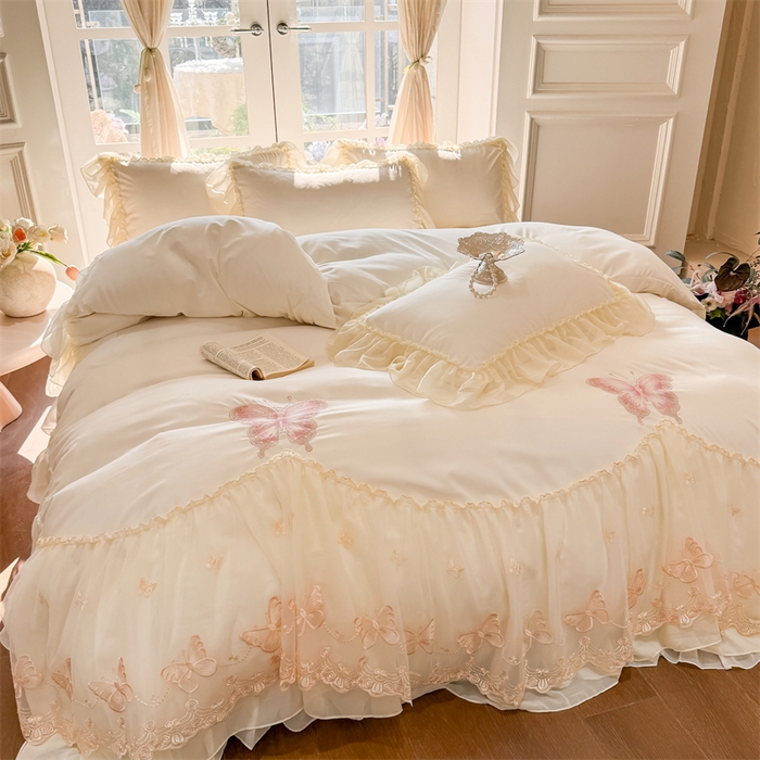 91家纺网 家纺一手货源 找家纺 富盛家纺 2026新款水洗亲肤棉雪纺蕾丝刺绣公主风韩版四件套-迷迭香 迷迭香—白