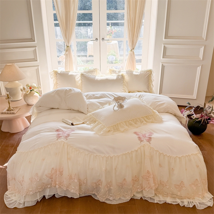 富盛家纺 2026新款水洗亲肤棉雪纺蕾丝刺绣公主风韩版四件套-迷迭香 迷迭香—白