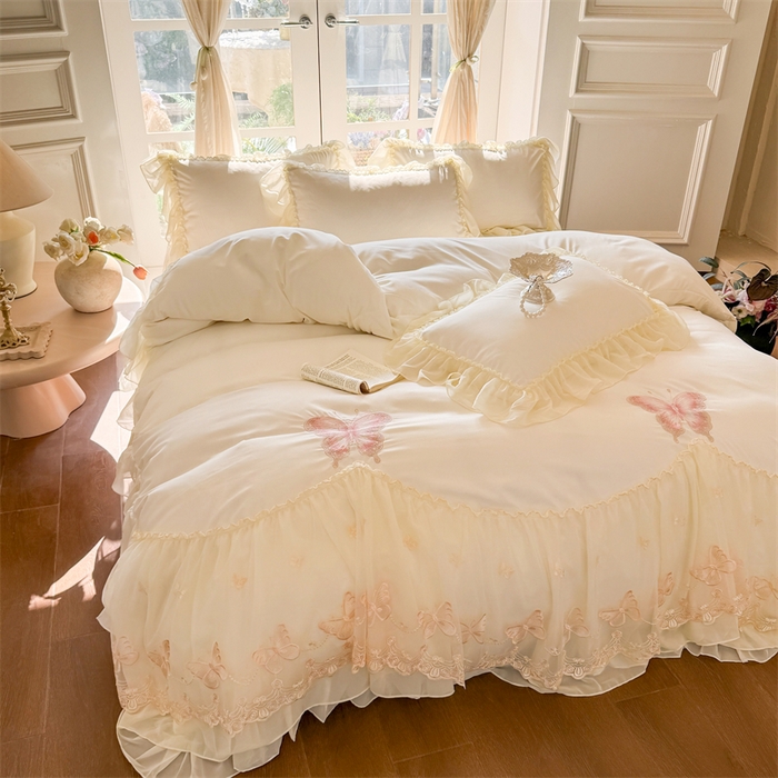 91家纺网 家纺一手货源 找家纺 富盛家纺 2026新款水洗亲肤棉雪纺蕾丝刺绣公主风韩版四件套-迷迭香 迷迭香—白