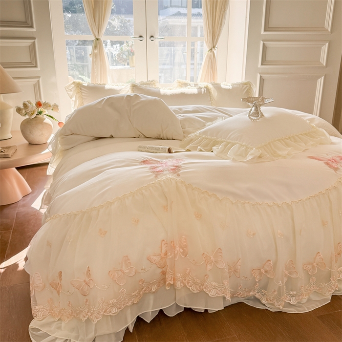 91家纺网 家纺一手货源 找家纺 富盛家纺 2026新款水洗亲肤棉雪纺蕾丝刺绣公主风韩版四件套-迷迭香 迷迭香—白