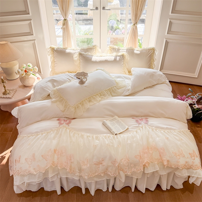 91家纺网 家纺一手货源 找家纺 富盛家纺 2026新款水洗亲肤棉雪纺蕾丝刺绣公主风韩版四件套-迷迭香 迷迭香—白