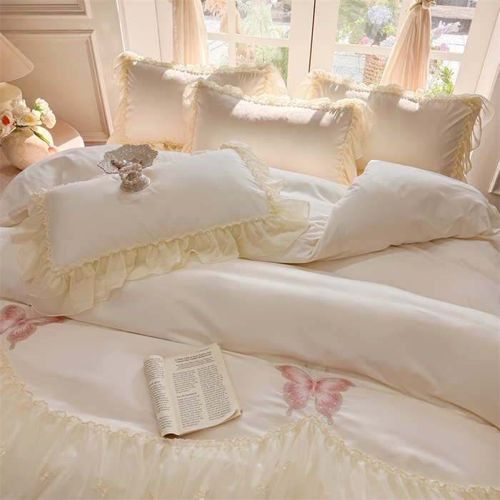 91家纺网 家纺一手货源 找家纺 富盛家纺 2026新款水洗亲肤棉雪纺蕾丝刺绣公主风韩版四件套-迷迭香 迷迭香—白