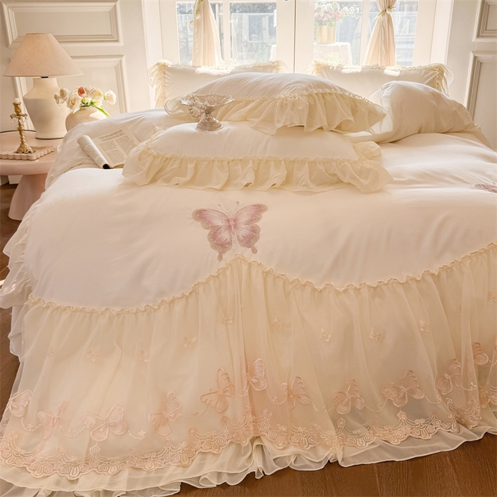 91家纺网 家纺一手货源 找家纺 富盛家纺 2026新款水洗亲肤棉雪纺蕾丝刺绣公主风韩版四件套-迷迭香 迷迭香—白