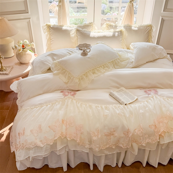 91家纺网 家纺一手货源 找家纺 富盛家纺 2026新款水洗亲肤棉雪纺蕾丝刺绣公主风韩版四件套-迷迭香 迷迭香—白