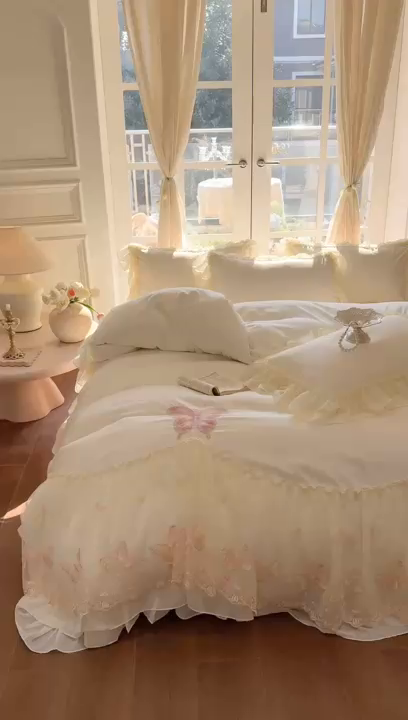 91家纺网 家纺一手货源 找家纺 富盛家纺 2026新款水洗亲肤棉雪纺蕾丝刺绣公主风韩版四件套-迷迭香 迷迭香—白