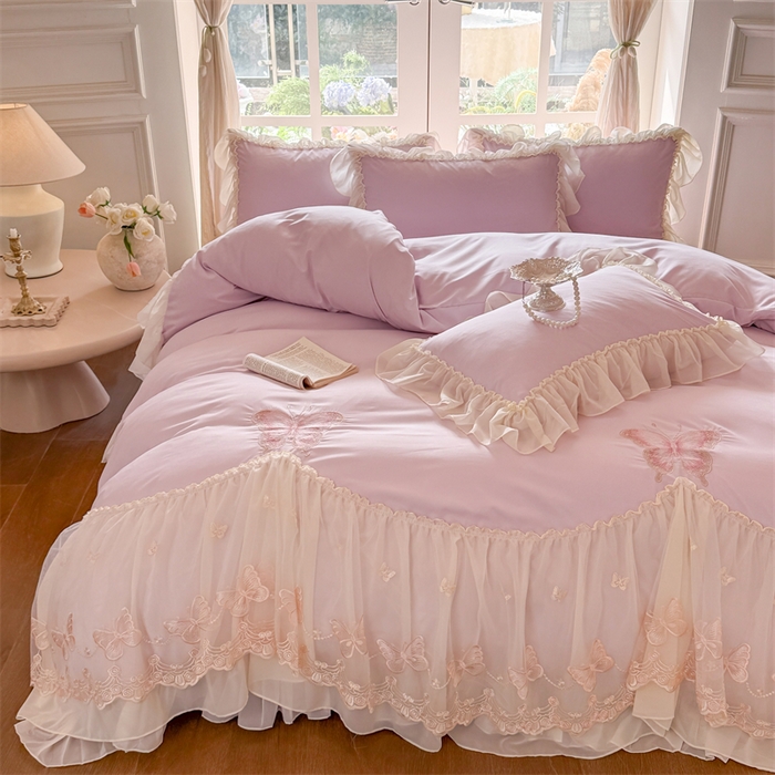 91家纺网 家纺一手货源 找家纺 富盛家纺 2026新款水洗亲肤棉雪纺蕾丝刺绣公主风韩版四件套-迷迭香 迷迭香—紫