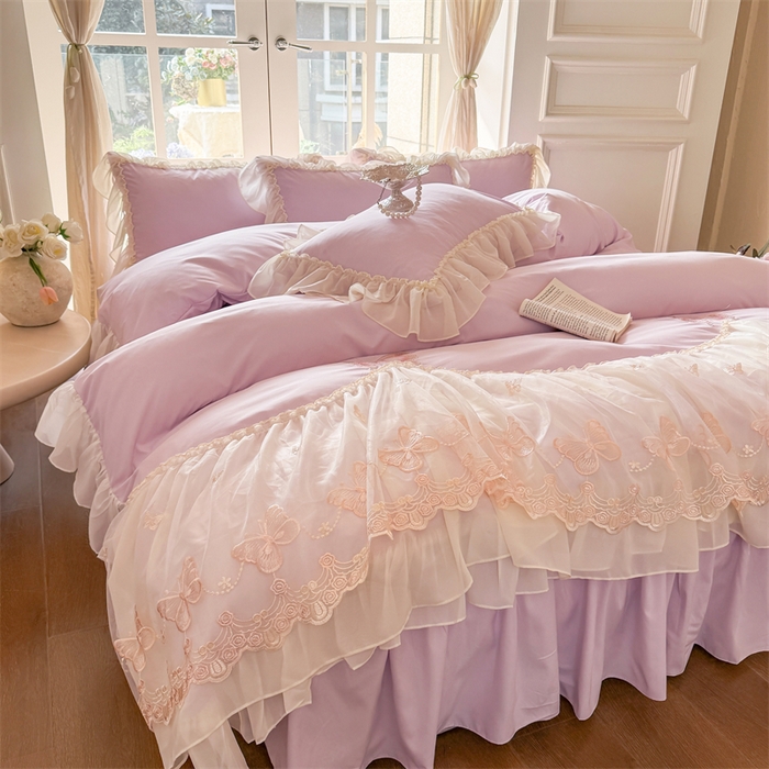 91家纺网 家纺一手货源 找家纺 富盛家纺 2026新款水洗亲肤棉雪纺蕾丝刺绣公主风韩版四件套-迷迭香 迷迭香—紫