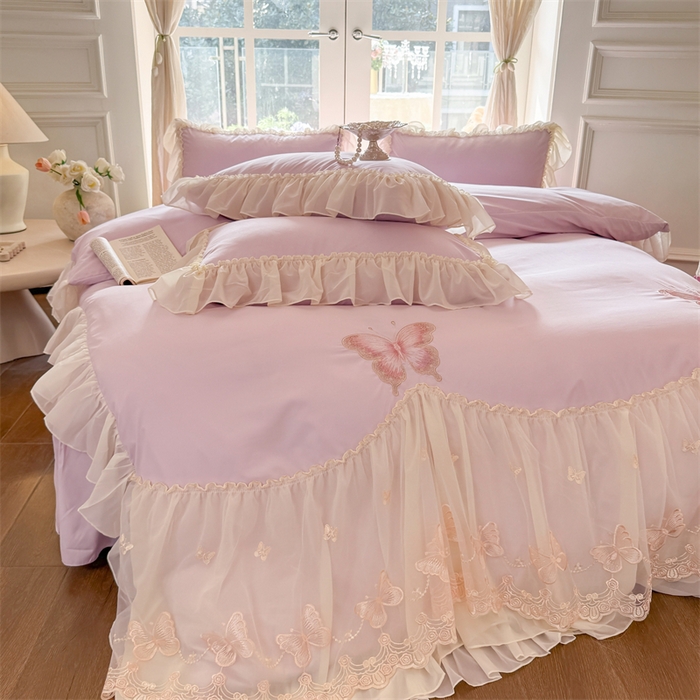 91家纺网 家纺一手货源 找家纺 富盛家纺 2026新款水洗亲肤棉雪纺蕾丝刺绣公主风韩版四件套-迷迭香 迷迭香—紫